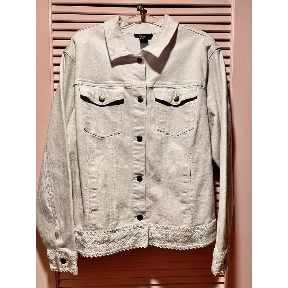 TWIGGS LONDON Women's Denim Jacket Sz 3X Jean Stretch Lace 97% Cotton White